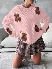 EURMUSE Women Round Neck Oversize Drop Shoulder 3d Mini Teddy Bear Patched Pattern Cute Drop Shoulder Sweater Pullover - Coral Pink - View 4