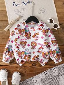 SHEIN | PAW Patrol 年轻女孩秋季休闲可爱小狗印花圆领运动衫 - 白色 - 查看 1