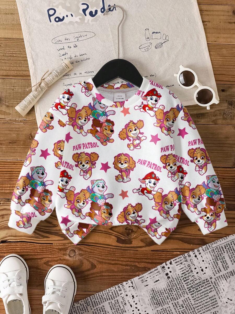SHEIN | PAW Patrol 年轻女孩秋季休闲可爱小狗印花圆领运动衫 - 白色 - 查看 1