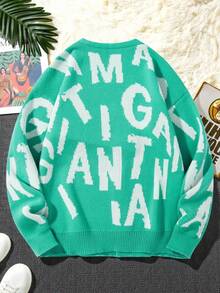 Manfinity Roghcode Men's Letter Pattern Long Sleeve Single-Breasted Casual Knit Cardigan, Autumn/Winter - Green - View 2
