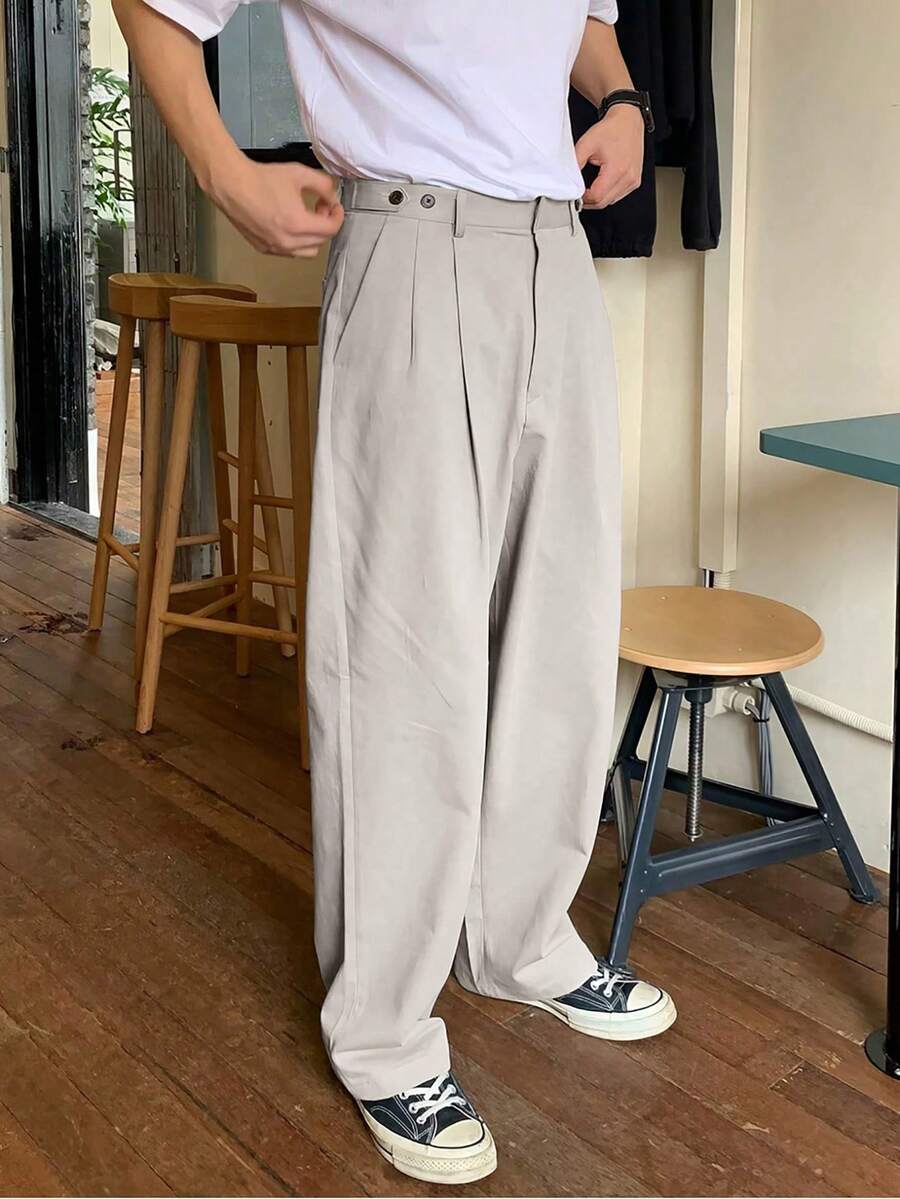 Claim Dot 男士纯色褶裥锥形休闲/工作裤 男士宽松直筒休闲裤 褶裥裤 男士日系裤 男士韩系裤 男士宽松阔腿裤 - 杏色 - 查看 1