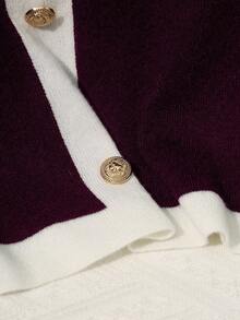 GlowEve 优雅紧身裙，黑白撞色金属纽扣简约复古风格女式裙子，适合通勤和聚会 - 酒紅色 - 查看 4