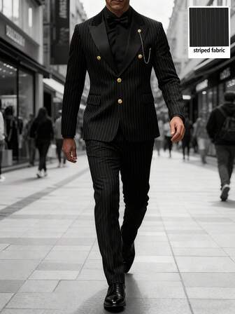 Manfinity Mode Completo da uomo con giacca monopetto a collo a revers con righe nere alla moda