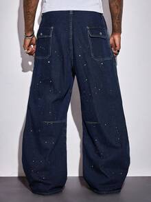 Men's Pocket Flared Casual Personalized Washed Distressed Jeans - Dark Wash - View 3