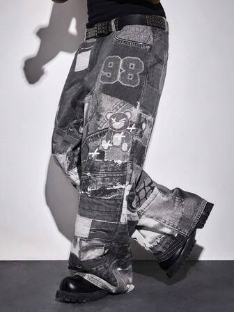 Street Life Men's Loose Fit Cartoon Bear Graphic Pocket Wide Leg Casual Jeans