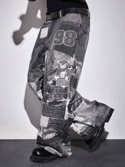 Street Life Jeans décontractés à jambe large avec poche et motif ours de dessin animé, coupe ample pour hommes
