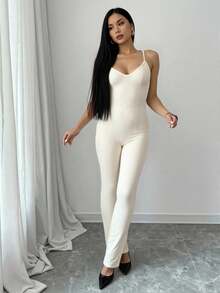SHEIN SXY Women's Spring/Summer New Elastic Knit V-Neck Spaghetti Strap Backless Crisscross Hem Slit Jumpsuit