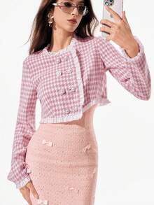 Chiquease Women's Houndstooth Print Double-Breasted Elegant Long Sleeve Jacket