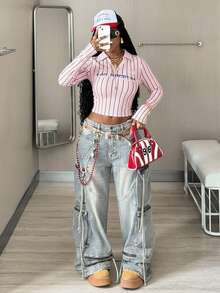 Coolane 女士冬季音乐会锐舞节外出街头服饰 Y2K 复古粉色翻领长袖T恤 - 粉色 - 查看 6