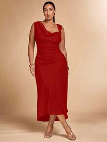 SHEIN BAE 大码女式卡其色不对称金属连衣裙 - 紅色 - 查看 7