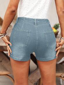 EMERY ROSE Quần short denim túi xéo giặt thời trang nữ, mùa hè - Màu xanh lam - Xem 2