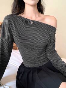 DAZY 女士条纹不对称肩部长袖休闲时尚T恤 Y2k