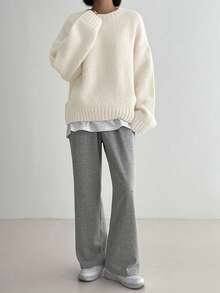 DAZY Casual Solid Color Dropped Shoulder Loose Knit Sweater, Autumn/Winter - White - View 5
