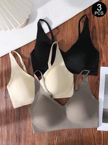 SHEIN 3pcs/Set Seamless Women's Solid Color Comfortable Wireless Bras - Multicolor - View 3