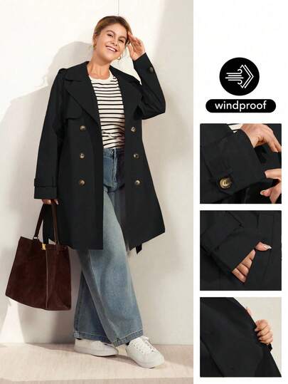 Momelise Abrigo de trinchera casual para mujer talla grande, chaqueta cortavientos de manga larga de unicolor con solapa y doble botonadura, versátil para uso casual y de oficina, ideal para primavera y otoño