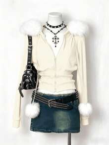 EgrlEra Women's Black Patchwork Faux Fur Hooded Sweatshirt - Beige - View 1