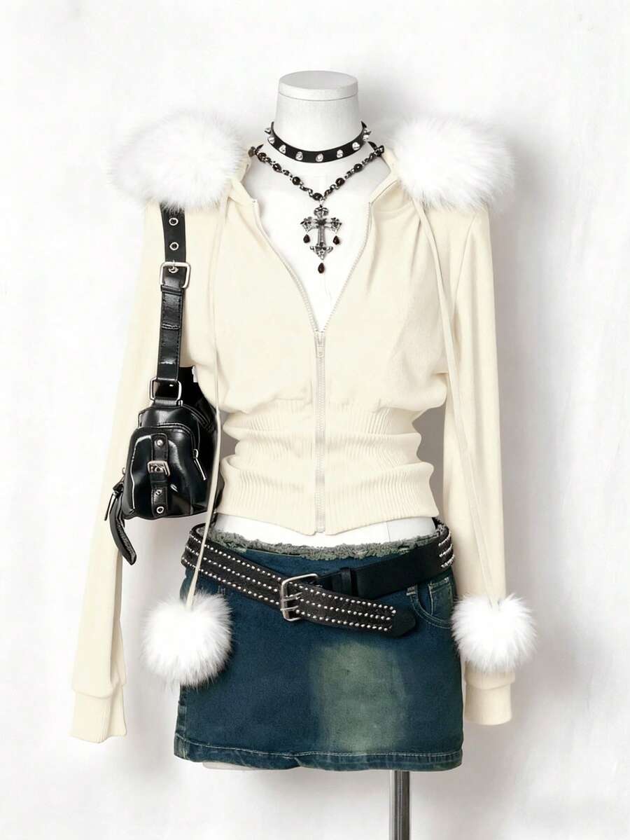 EgrlEra Women's Black Patchwork Faux Fur Hooded Sweatshirt - Beige - View 1