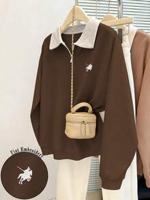 Franclia Equestrian Logo Print Fashionable Turndown Collar Zip-Up Long Sleeve Loose Fit Sweatshirt, Navy Blue, Autumn