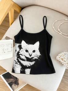 INAWLY 女士夏季Y2K可爱猫咪黑色背心，休闲日常上衣