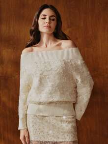 Anewsta 女士露肩白色网纱花卉拼接粗针织毛衣，柔软舒适，适合秋冬季穿着 - 杏色 - 查看 4