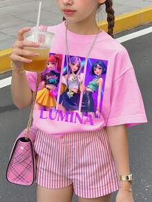 SHEIN 亮粉色，卡通女孩印花，K-Pop 超级明星 Rumi、Mira、Zoey，少女休闲简约短袖圆领 T 恤
