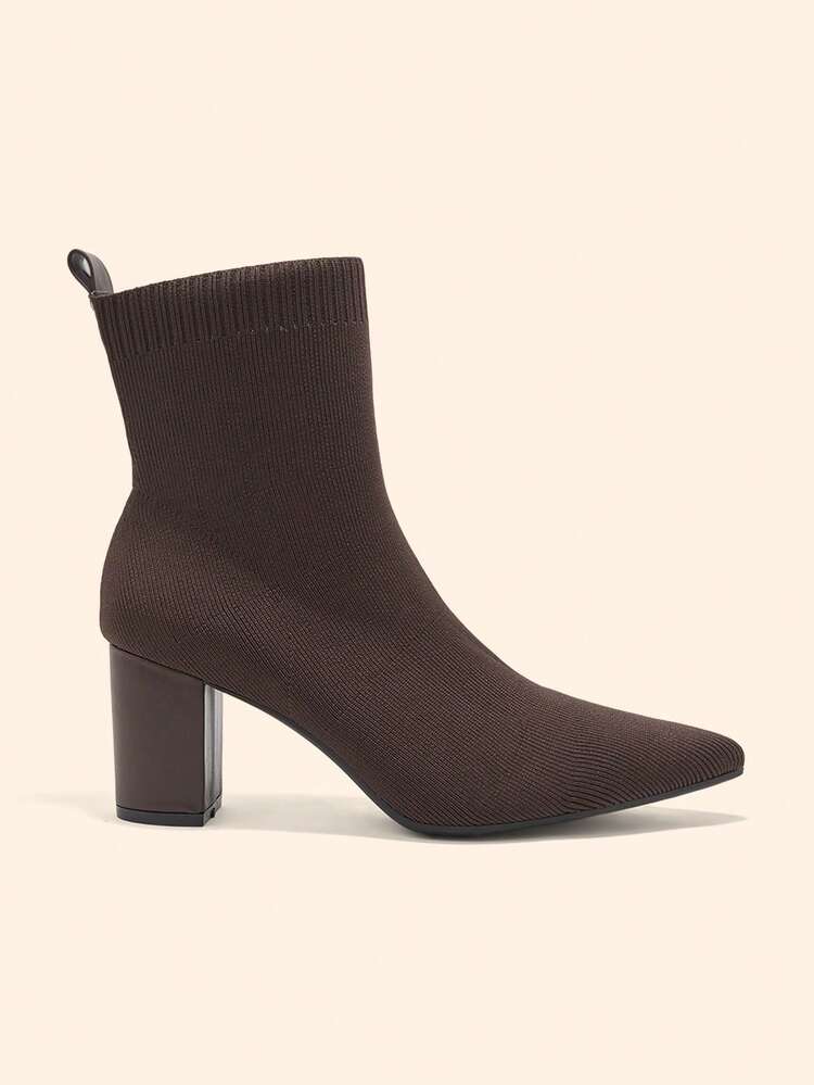 CUCCOO BASICS 女性ファッション ポインテッドトゥ チャンキーヒール コーヒー色 エラスティック ニット スリムレッグ アンクルブーツ、通勤、デート、パーティーなどに快適で通気性のある クリスマス仕様