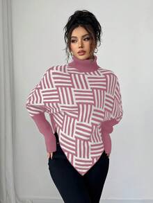 Selianne Women's Elegant High Neck Geometric Textured Poncho Sweater, Colorblock, Suitable For Home & Travel, Spring/Autumn - Baby Pink - View 3