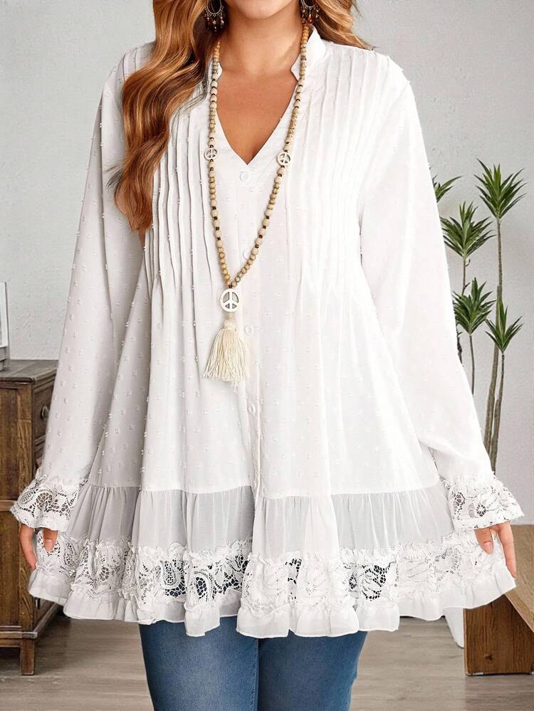 Plus Size Women Fall/Winter Country Casual Vacation All White Lace Patchwork Ruffle Hem Long Blouse Top, Autumn/Winter,Going Out,2025 New,Simple And Fashionable For Everyday Wear, Winter, Christmas,New Year,Winter,Thanksgiving