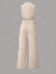 SHEIN 2 件套 女童纯色翻领单排扣背心和裤子 - 杏色 - 查看 3