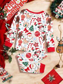 SHEIN Young Girls Christmas Red, Christmas Eve, Super Cute Gingerbread Man, Bow Heart Print, Christmas Limited Edition Gift, Retro Warm Cute Christmas, Festival Holiday Style Pajamas, Young Girl Casual Soft Comfortable Long Sleeve Long Pants Thermal Lined Loungewear Suitable For Autumn/Winter, Snug Fit, Home, Christmas Party Outfit - Multicolor - View 6