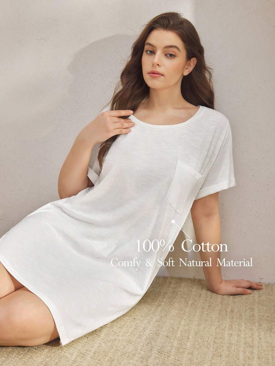 Ocili Soft Cotton Simple T-Shirt Dress, Comfortable Sleepwear, Plus Size - White - View 1