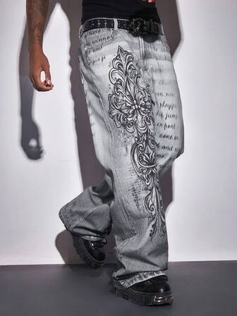 Street Life Jeans de pierna ancha con bolsillo y estampado de calavera, corte holgado informal para hombre