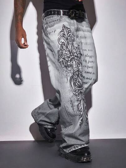 Street Life Men's Loose Fit Casual Skull Cross Print Pocket Wide Leg Jeans