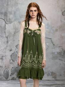 ROMWE Avant Vestido Midi Casual Feminino Sem Mangas com Decoração de Aplique e Design de Amarração - Verde - Visão 1