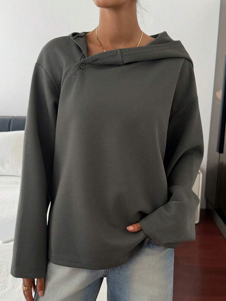 Women's Loose Fit Waffle Knit Hooded Long Sleeve Sweatshirt
