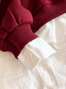 Tween Girls' White Collar Contrast Black 2 In 1 Sweatshirt, Fashion Versatile With Printed Chest Design, Ribbed Hem And Cuffs, Suitable For Autumn/Winter Outings, Travel, Shopping, Can Be Paired With Sweatpants, Jeans, Jackets - Burgundy - View 3