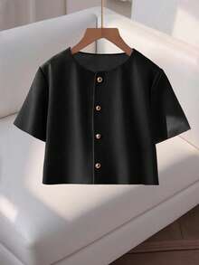 Franclia 时尚高端女士圆领短袖纽扣衬衫 - 黑色 - 查看 6