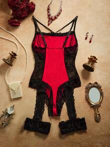 PinupPomp 女士撞色蕾丝交叉绑带连体衣 - 紅色 - 查看 9