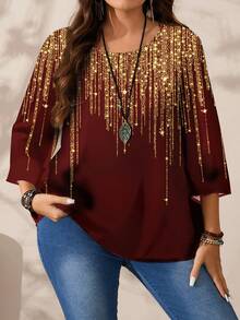 EMERY ROSE Chemise ample à col rond, imprimée sur tout le corps, manches 3/4, pour femmes grandes tailles, automne/hiver - Rouge foncé - Voir 3