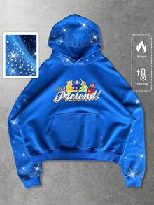 ROMWE MEN Teletubbies X ROMWE Men's Casual Rhinestone Cartoon Pattern Pocket Hoodie, Autumn/Winter, Long Sleeve Top - Royal Blue - View 1