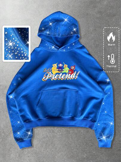Teletubbies X ROMWE Men's Casual Rhinestone Cartoon Pattern Pocket Hoodie, Autumn/Winter