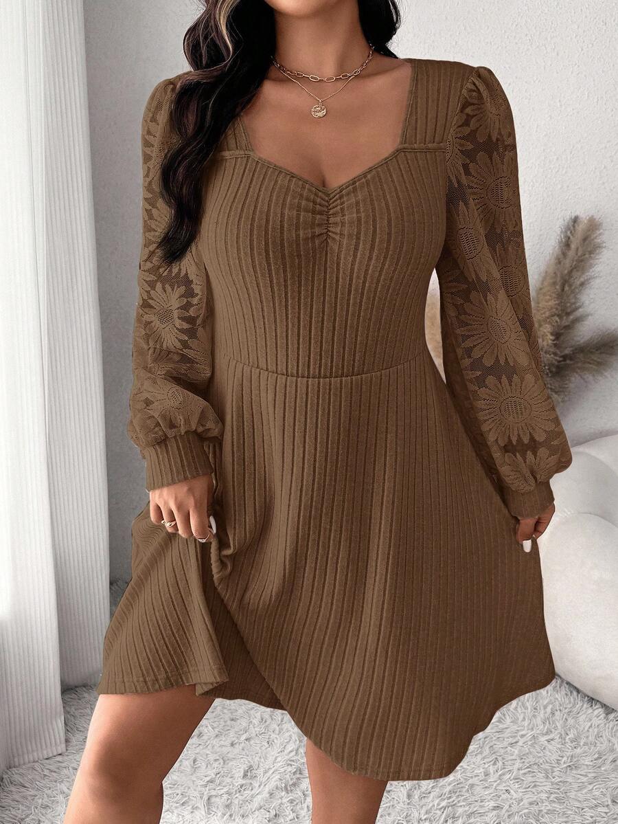 SHEIN Frenchy Váy cổ chữ V nhún ngực cỡ lớn, thường ngày, mùa thu - Màu Khaki - Xem 1
