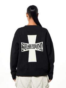 SUMWON WOMEN Oversized Crew Neck Knit Sweater With Cross Graphic Design For Fall Winter Casual Wear - Black - View 1