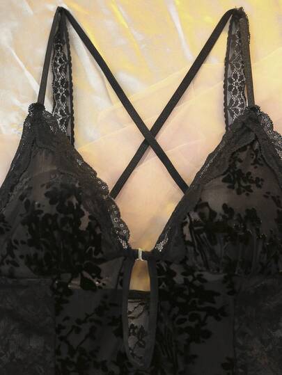 DelicateAllure able, Elegante Verleidelijke Spaghetti Strap Hollow Neck Doorschijnende Women Nightgown Sleep Dress Lingerie Babydoll Kanten view 7