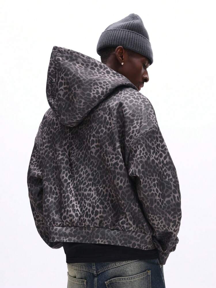 Leopard Print Zip Up Hoodie With Drawstring