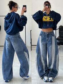 StreetHx 女士条纹口袋阔腿宽松休闲牛仔裤