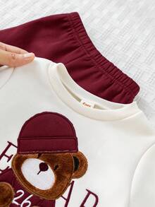 Cozy Pixies 2pcs Baby Boy Cartoon Bear Embroidery Knit Soft Crew Neck Long Sleeve Sweatshirt And Elastic Waist Ankle-Length Pants Thick Thermal Lined Set - Burgundy - View 5