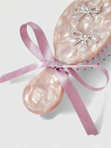 ROMWE Kawaii Mini Handheld Cushion Hair Brush With Shiny Rhinestone Bow Print, Massage Scalp Detangling Comb - Light purple gray - View 4