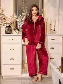 MuseNap CURVE Conjunto de pijama de manga larga de unicolor de terciopelo con ribete de contraste para mujer de talla grande, ropa de invierno - Burdeos - Ver 6