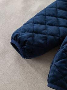 PrepCrw 1 件青少年男孩优雅学院风休闲都市海军蓝天鹅绒菱形格子连帽长袖棉衣，适合外出、聚会、返校、冬季